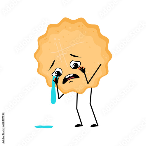 Cute milk cookie character with crying and tears emotion, sad face, depressive eyes, arms and legs. Baking person, biscuit with melancholy expression. Vector flat illustration