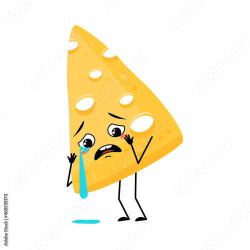 Cute cheese character with crying and tears emotion, sad face, depressive eyes, arms and legs. Melancholy dairy meal or snack. Vector flat illustration