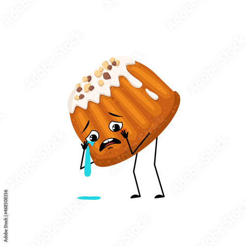 Cute glazed muffin with nut sprinkles character with crying and tears emotion, sad face, depressive eyes, arms and legs. Baking person, bun with melancholy expression. Vector flat illustration