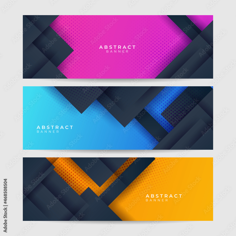 Set of abstract blue pink yellow banner background with 3d overlap layer and wave shapes. Geometric, polygonal Abstract background, texture, advertisement layout. web page. header for website.