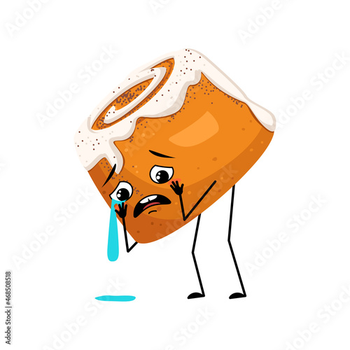 Cute cinnamon pastry bun character with crying and tears emotion, sad face, depressive eyes, arms and legs. Baking person, bun with melancholy expression. Vector flat illustration