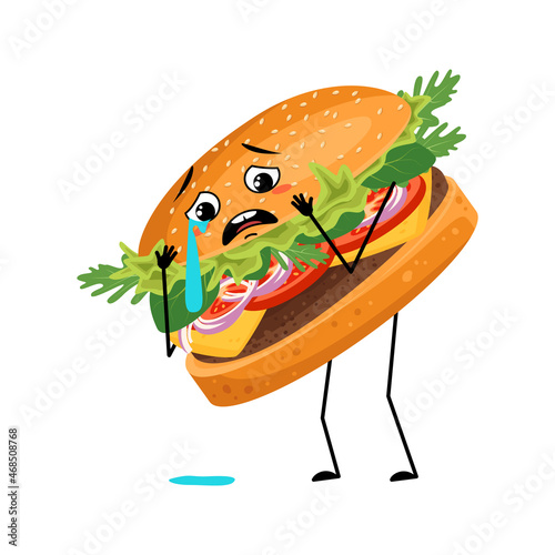 Cute character hamburger with crying and tears emotion, sad face, depressive eyes, arms and legs. Fast food person, sandwich with melancholy expression. Vector flat illustration of products and meat