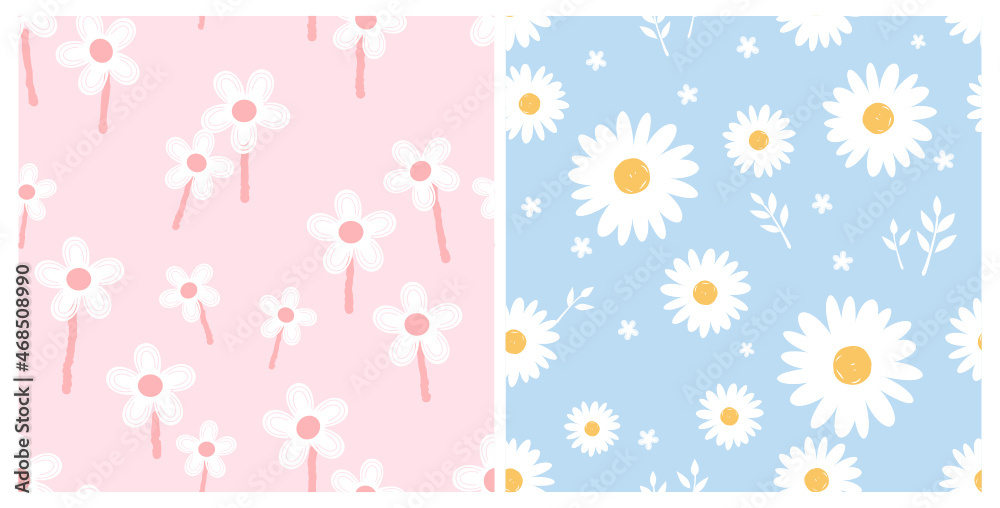 Seamless patterns with daisy flowers on pink  and blue backgrounds vector.