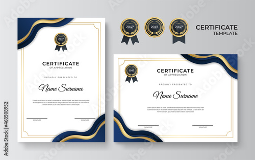 Modern blue and gold certificate template. Diploma certificate border template set with badges for award, business, and education