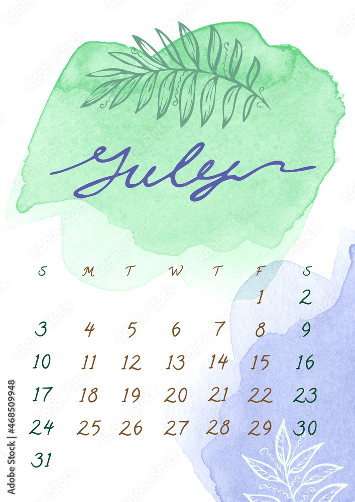 Stockillustratie July Month Calendar Template For 2022 Year Watercolor stockillustratie-july-month-calendar-template-for-2022-year-watercolor