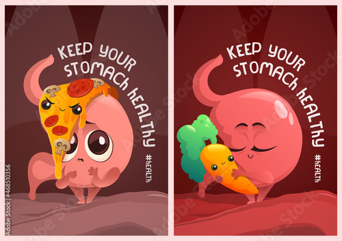 Keep your stomach healthy cartoon posters with cute funny tummy character hug carrot and suffer of fast food overeat. useful and unhealthy nutrition, dieting, digestion system, Vector illustration