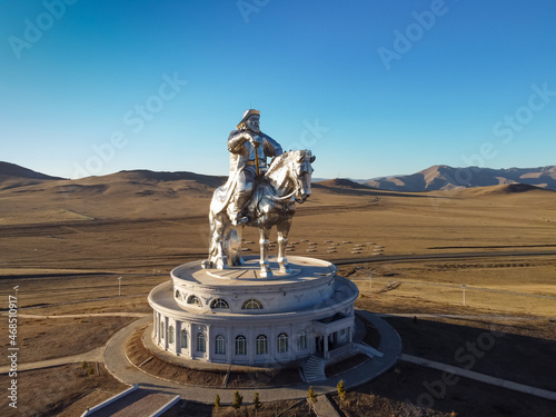 Statue of Genghis Khan on horseback in the area of Tsongzhin-Boldog. Mongolia. Central aimag. Shooting from a drone. photo