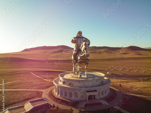 Statue of Genghis Khan on horseback in the area of Tsongzhin-Boldog. Mongolia. Central aimag. Shooting from a drone.