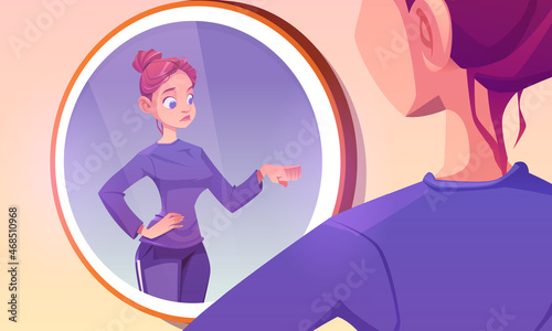 Young woman bump fist with her own reflection in mirror. Girl best friend of herself, self love, team, respect and friendship. Positive teenager fistbump gesture, Cartoon vector illustration