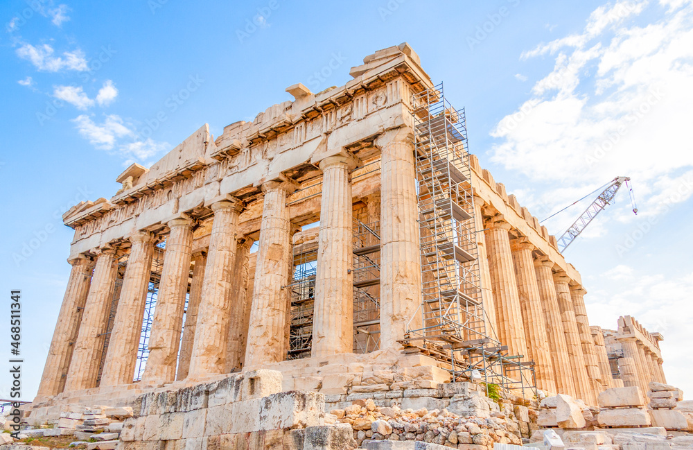 The Parthenon stands at the center of the Acropolis in Greece.