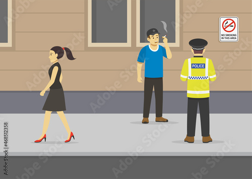 Smoking in public places.Young male character holding and smoking a cigarette.No smoking in this area warning sign on the wall.Police officer writing a ticket to a pedestrian.Flat vector illustration.