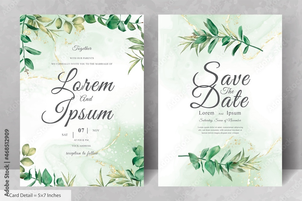 Set of Greenery Watercolor Wedding Invitation Card Template