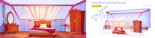 Parallax background attic bedroom or guest room 2d interior with bed, wardrobe, table, mirror and window separated layers for game animation. Cozy loft hotel apartment, mansard Vector illustration