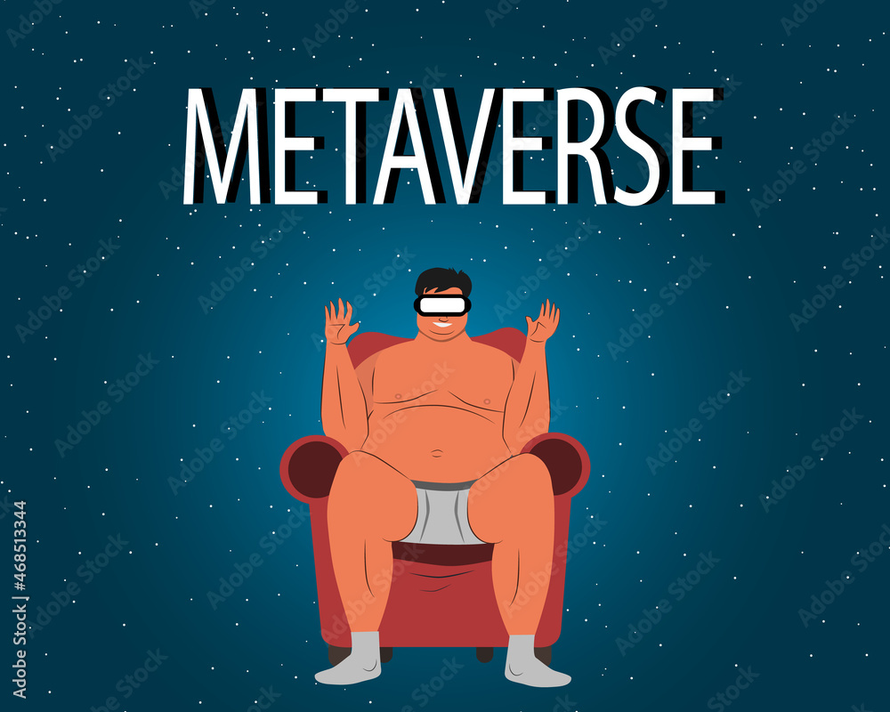 Fat man travels in a virtual metaverse at home. travel the universe in metaverse. Blue background.vector.
