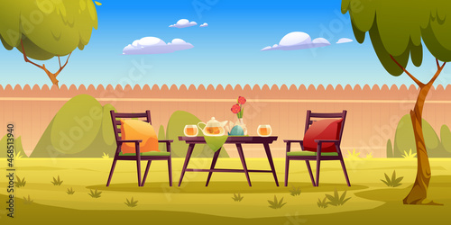 Backyard garden with served table, teapot, cups, flowers and chairs with soft pillows. Cottage barbecue area with fence and trees. Summer morning breakfast at home park, Cartoon vector illustration