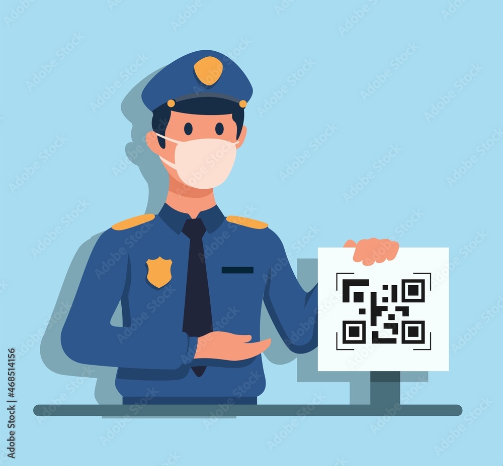 Police security with mask holding Qr code board vaccine app protocol in pandemic illustration vector Police security with mask holding Qr code board vaccine app protocol in pandemic illustration vector