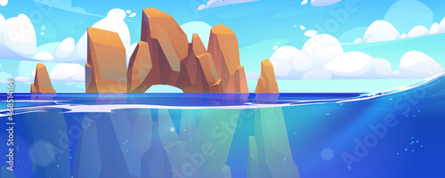 Sea landscape with mountains in water. Vector cartoon illustration of deep lake background with stones and rocks underwater. Seascape or tropical ocean background with rocky arch