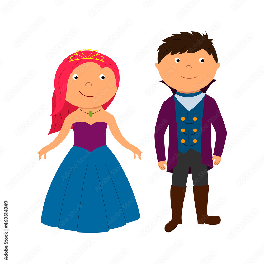 A beautiful fairy-tale princess and a prince in a crown and a fancy dress. Children's illustration for printing A beautiful fairy-tale princess and a prince in a crown and a fancy dress. Children's illustration for printing