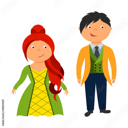 A beautiful fairy-tale princess and a prince in a crown and a fancy dress. Children's illustration for printing