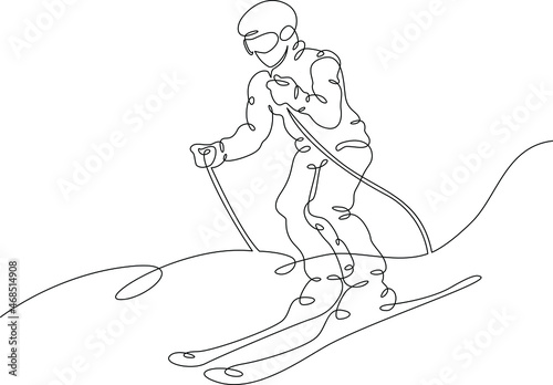 Alpine skier rides along a snowy slope. The athlete goes downhill skiing. Winter sports. Alpine skier.One continuous line .One continuous drawing line logo isolated minimal illustration.