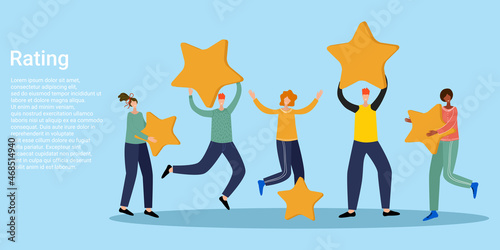 Rating.People are holding rating stars in their hands .A business-style poster.Vector illustration.