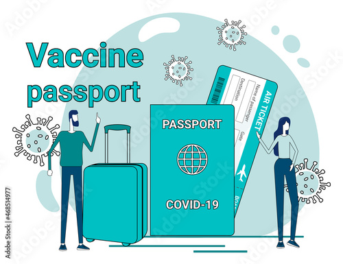 Vaccine passport.People on the background of vaccines passport and air ticket and suitcase.A call for safety and taking care of your health.Flat vector illustration.