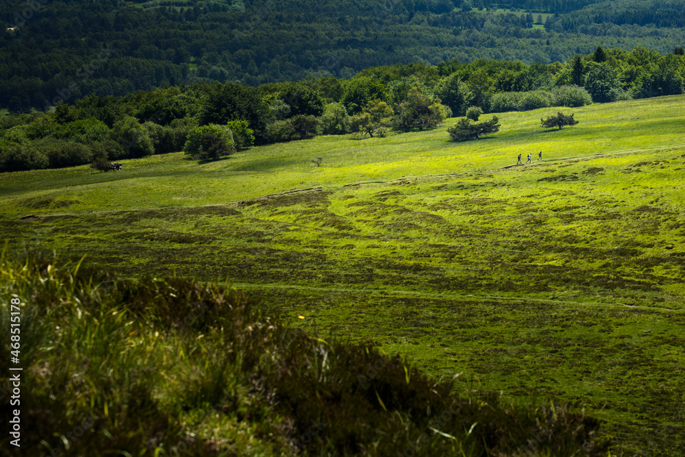 Hikers in action in Auvergne landscape