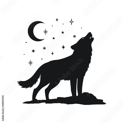 Silhouette of a howling wolf on the moon, stars, night