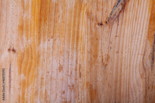 Closeup of old knotty pine board. Wood panel texture background photo