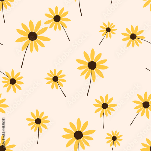 Seamless pattern with yellow daisy flowers on pastel orange background vector.