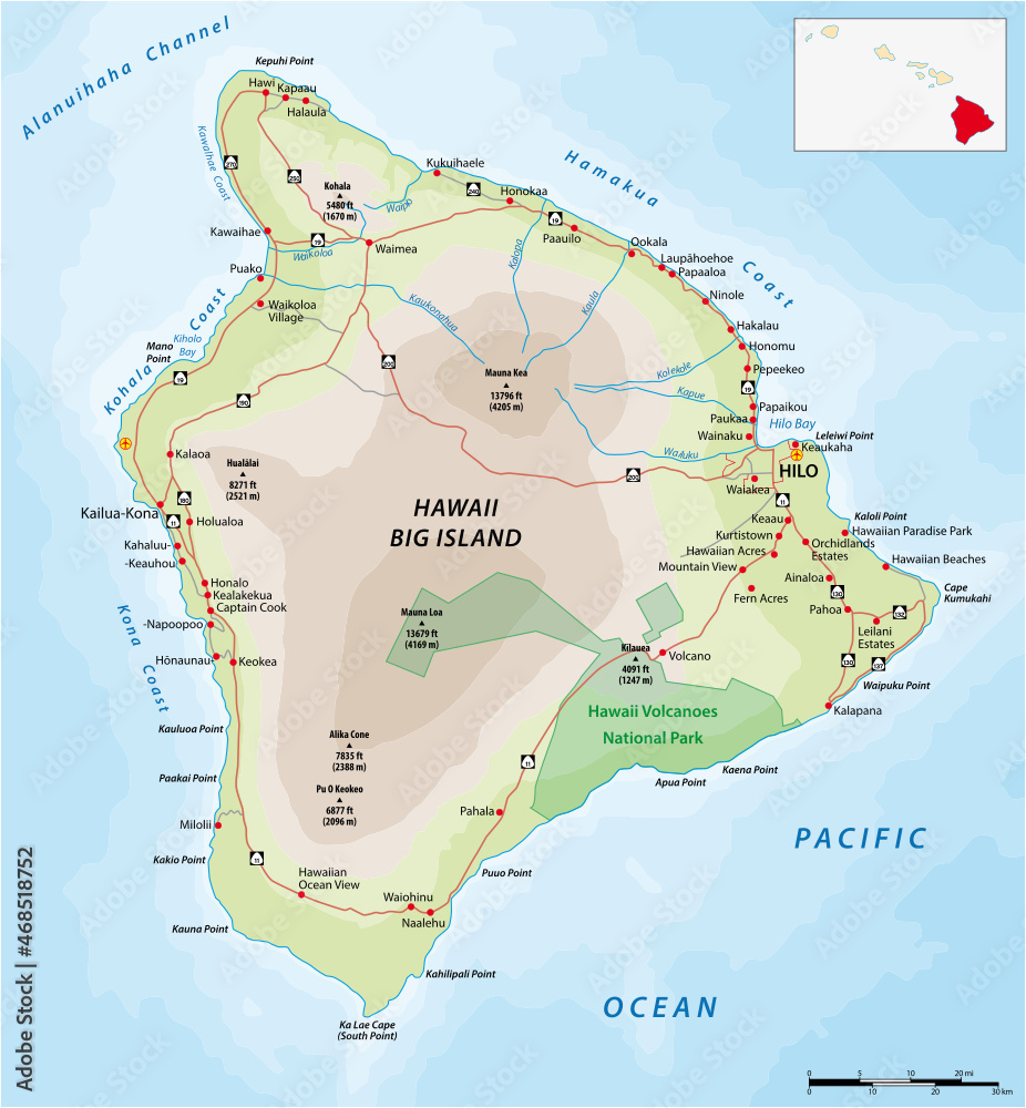 road map of the largest Hawaiian island, Big Island, Hawaii Stock ...