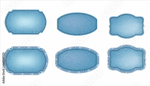 Set of blue denim patches with stitch and fringe. Light blue denim. Patches of different shapes