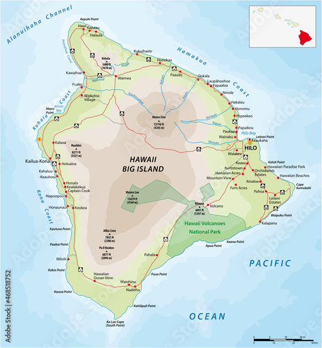 Obraz na płótnie road map of the largest Hawaiian island, Big Island, Hawaii w salonie