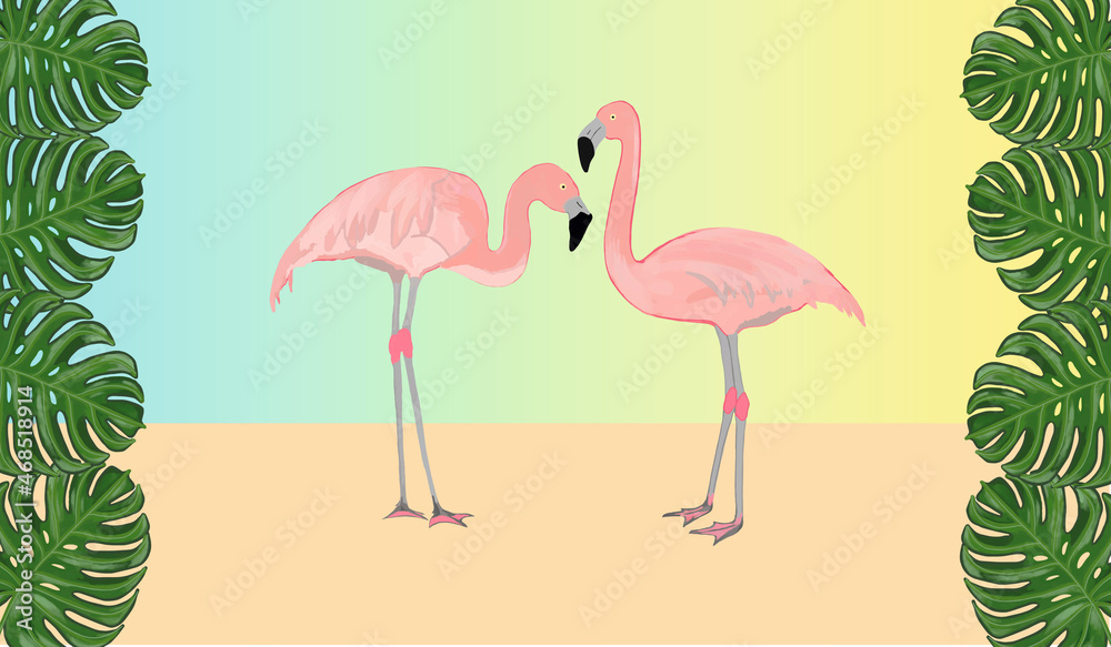 Obraz premium pink flamingos and tropical plants
