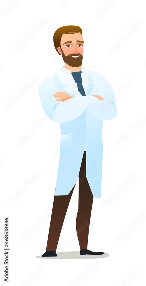 Optimistic doctor in dressing gown. Cheerful persons in standing pose. Cartoon comic style flat design. Separate character. Illustration isolated on white background. Vector Optimistic doctor in dressing gown. Cheerful persons in standing pose. Cartoon comic style flat design. Separate character. Illustration isolated on white background. Vector