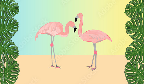pink flamingos and tropical plants