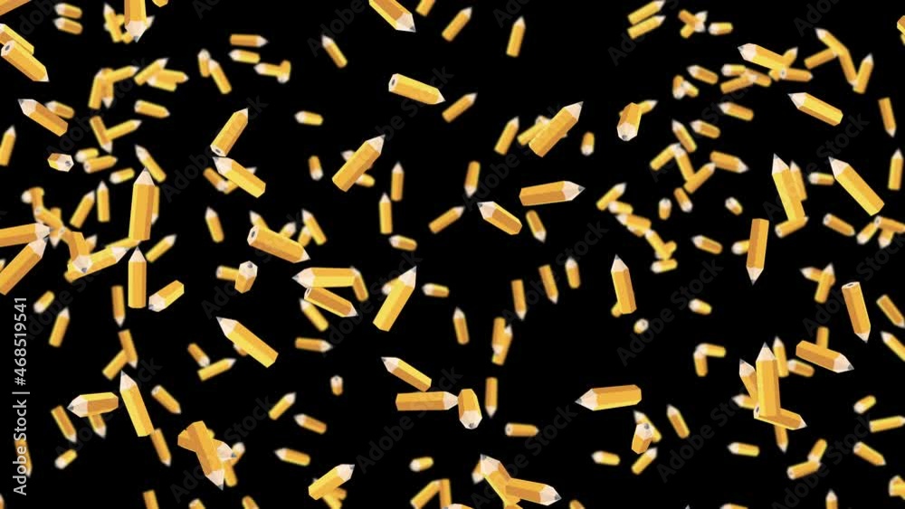 Many orange pencils floating in air on black background. Education concept. Low polygonal writing utensil. 3D loop animation. Many orange pencils floating in air on black background. Education concept. Low polygonal writing utensil. 3D loop animation.