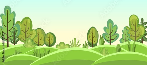 Flat forest. Illustration in a simple symbolic style. Funny green landscape. Hill meadows. Comic cartoon design. Cute scene with trees. Country Wild Scenery. Vector