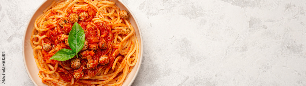 Close up plate SPAGHETTI MEATBALLS Like an Italian banner with copy space Close up plate SPAGHETTI MEATBALLS Like an Italian banner with copy space