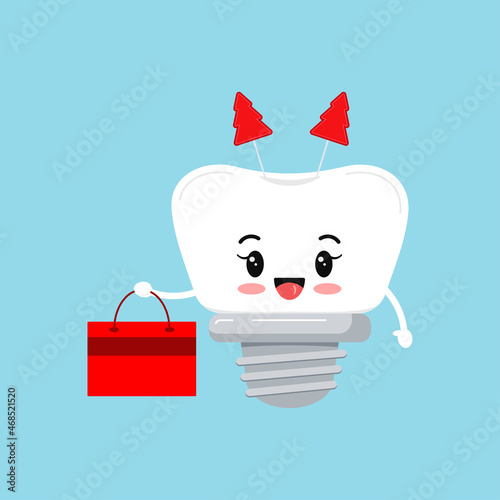 Cute tooth implant with gift isolated on background. Xmas white tooth character with tree headband and present in shopping bag. Flat design cartoon kawaii style vector illustration.