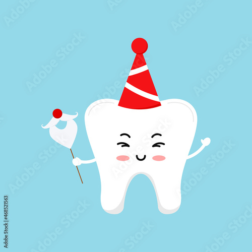Christmas tooth with red party cap and santa clause photo props booth  icon in flat cartoon style isolated on background. Happy New Year or xmas graphic dentistry design element vector illustration