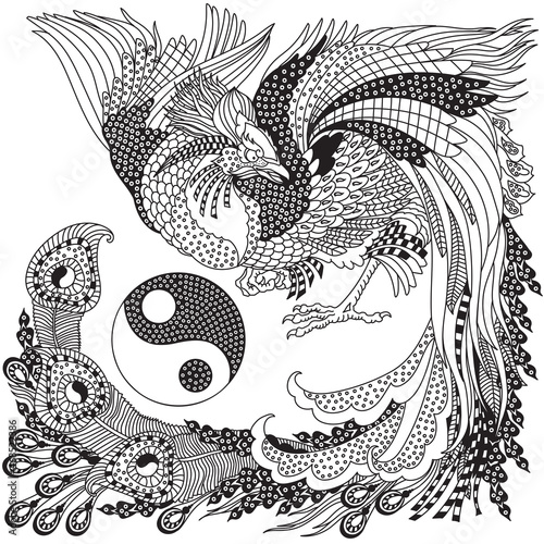 Chinese phoenix or Feng Huang Fenghuang mythological bird and Yin Yang symbol. One of celestial feng shui animals. Graphic style vector illustration. Black and white