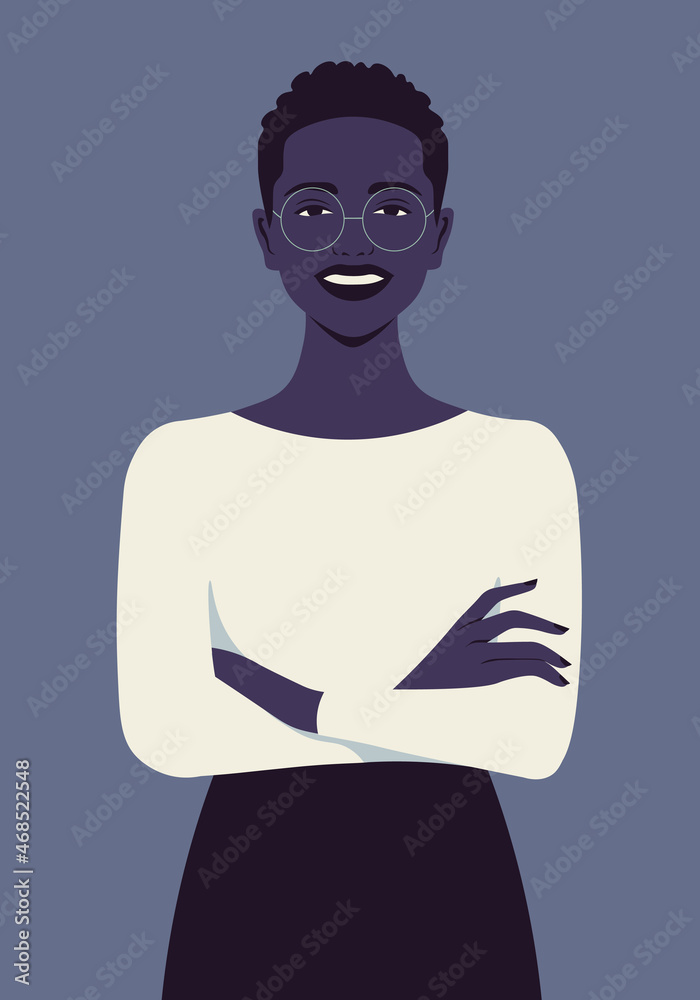 Portrait of a happy African woman with crossed arms. Office professions. Women’s right. Vector flat illustration. Portrait of a happy African woman with crossed arms. Office professions. Women’s right. Vector flat illustration.