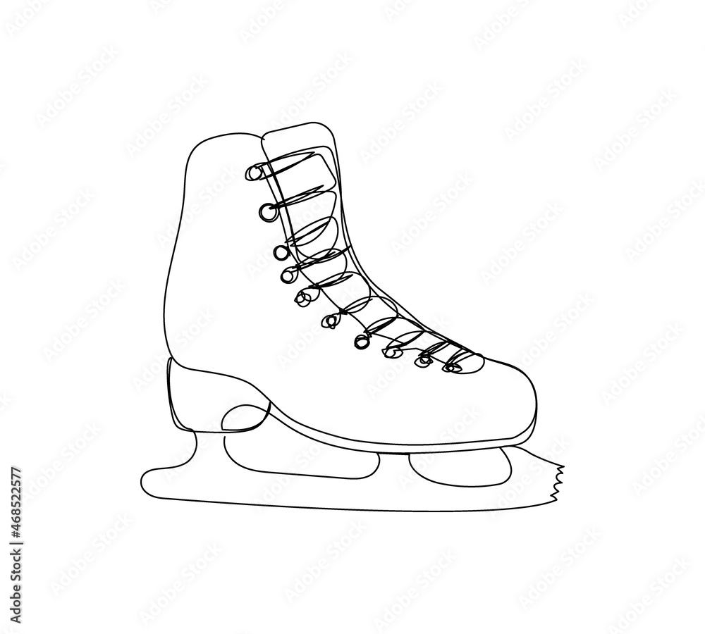 Skates, figure skating one line art. Continuous line drawing of new year holidays, christmas, winter accessory, winter, skater, winter sport, shoes, blade, ice. Skates, figure skating one line art. Continuous line drawing of new year holidays, christmas, winter accessory, winter, skater, winter sport, shoes, blade, ice.