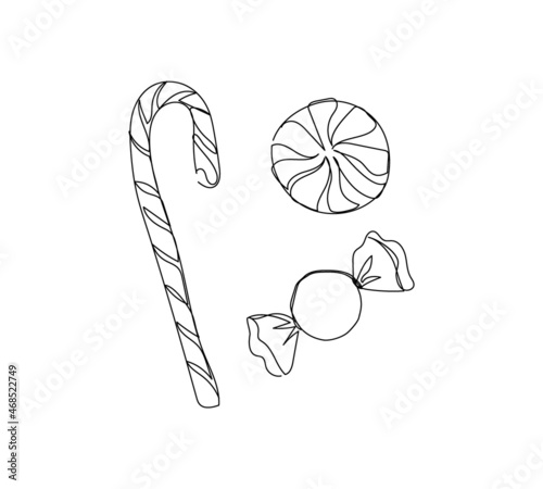 Christmas peppermint caramel candy line art. Continuous line drawing of new year, holidays, christmas, traditional sweets, marshmallow, caramel, stick.