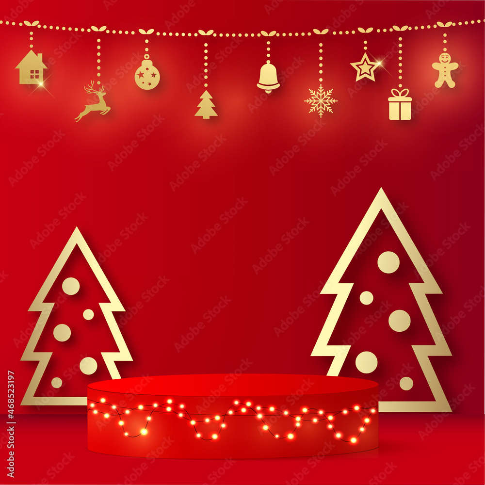 Happy New Year background with red podium and golden pine tree. Vector