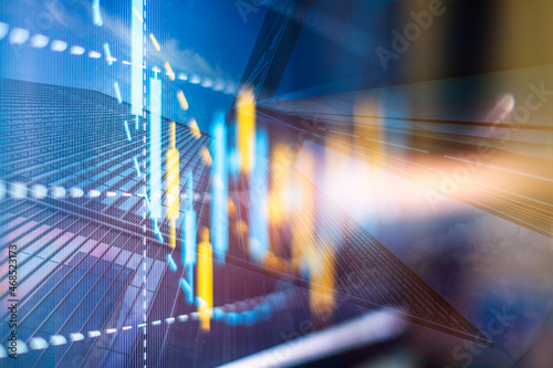 Double exposure of abstract financial chart on office buildings background, research and analytics concept photo
