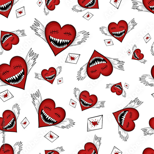 A monstrous blind heart with sharp teeth, seamless vector pattern in tattoo style