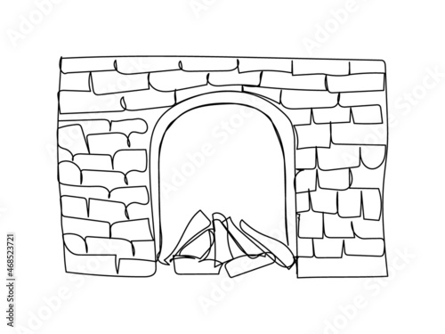 Antique brick fireplace with wood burning one line art. Continuous line drawing of new year holidays, christmas, traditional, lighting, romance, comfort, heating.