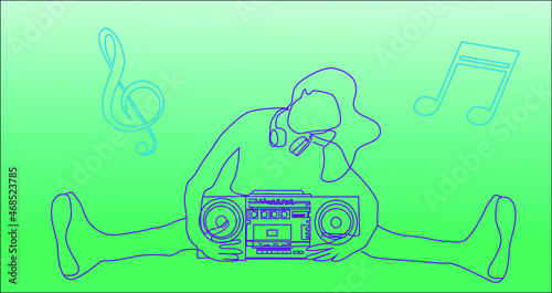 drawing music background design style. girl with headphones sitting on the floor and old musical instrument with big cassette